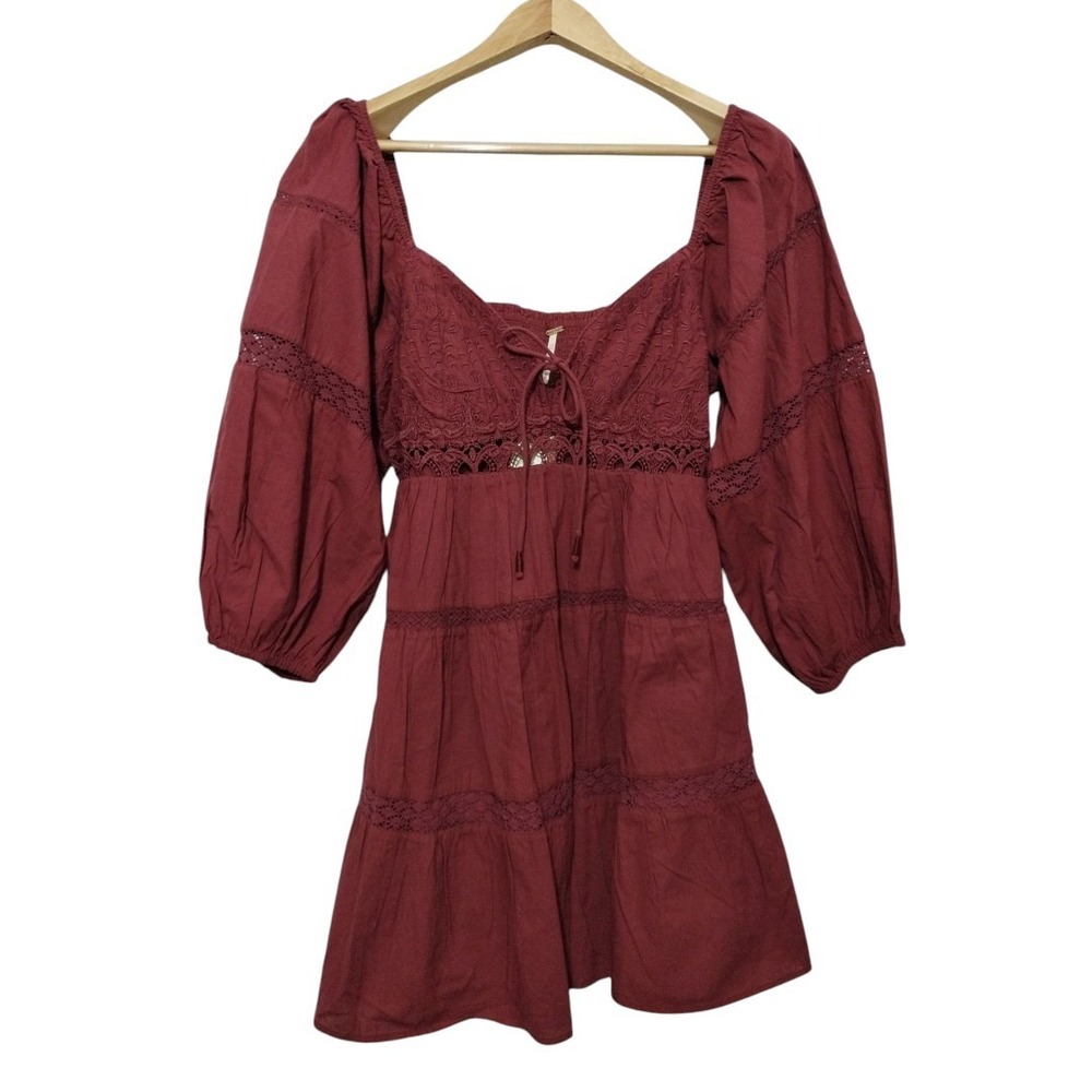 Free People All Mine Mini Boho Peasant Dress Burgundy Women's M Puff Sleeves